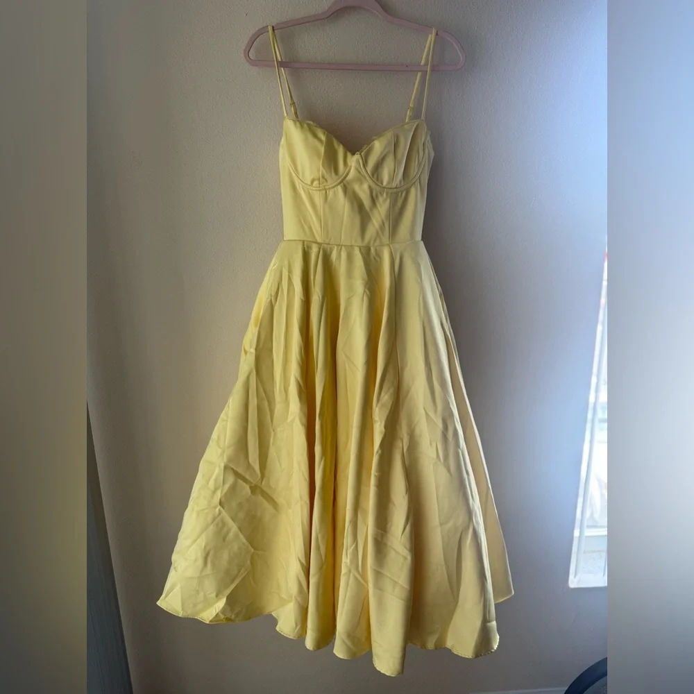 MADEMOISELLE Sunshine Yellow Satin Tulle Midi Dress - Picture 2 of 5